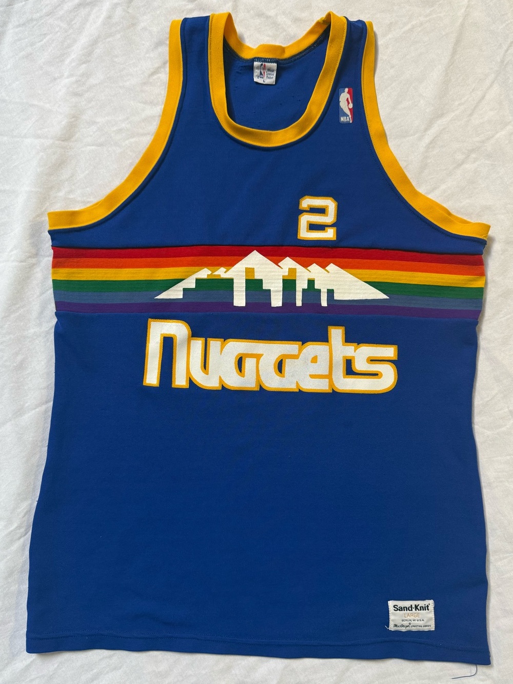 Large 80s Denver Nuggets Jersey Rainbow Skyline Blue Gold #2 Alex English Retro
